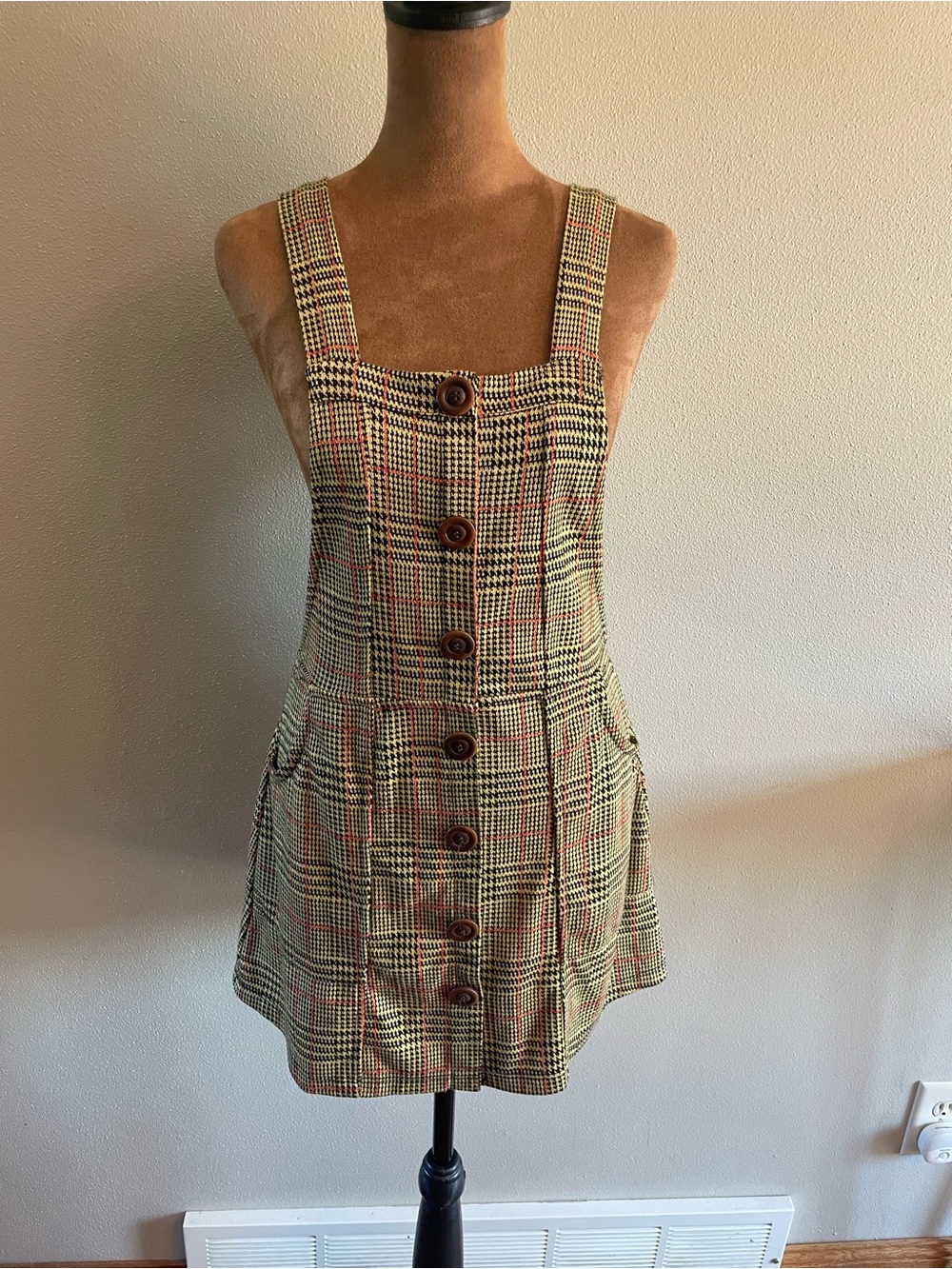 Urban Outfitters Brown Plaid Button-Front Mini Overall Dress
